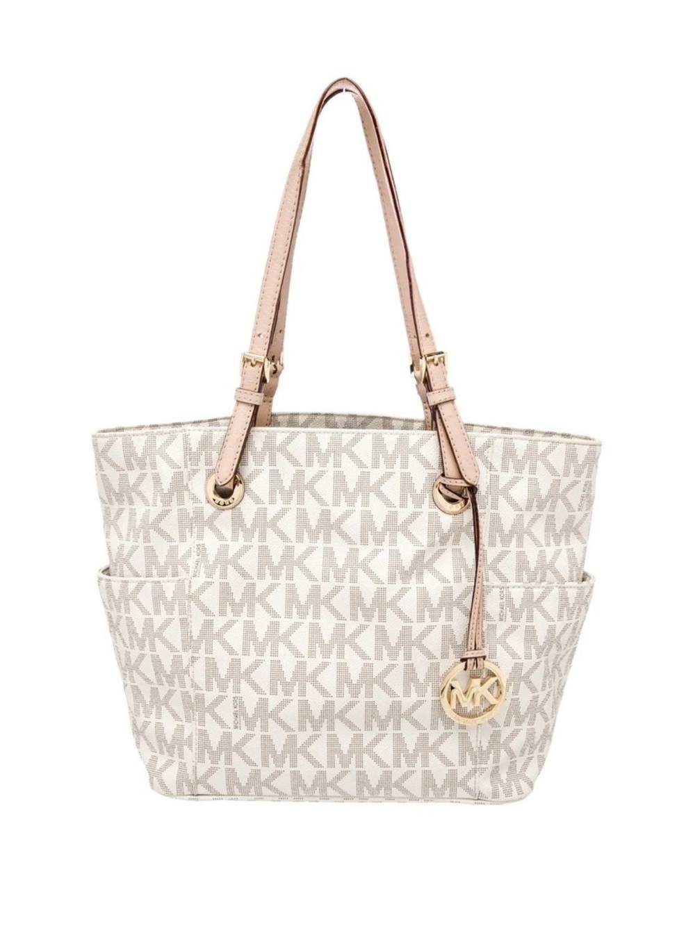 Michael Kors Jet Set Travel Tote Bag Vanilla Signature Monogram Medium Gold HW